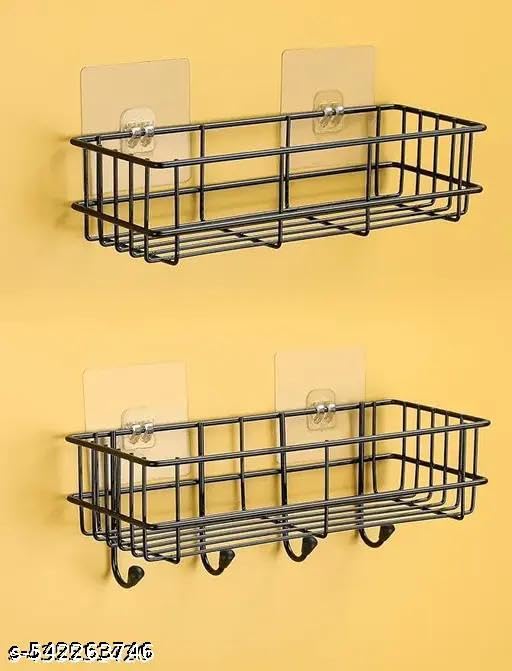 (PACK OF 2) Steel Self-Adhesive Multipurpose Bathroom Shelf with Hooks/Towel Holder/Rack/Bathroom Accessories-Wall Mount - Pack|Design - for home and kitchen