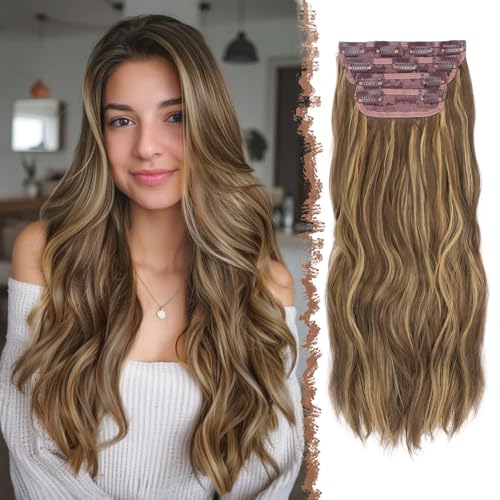 FESHFEN Extensiones de Cabello para Mujer   4 Piezas 60 cm Largo Ondulado Rizado Natural Sintética Extensiones de Clip de Pelo, Rubio Dorado & Rubio
