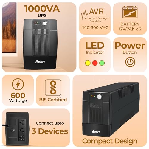 Image of Foxin 1000VA /600W UPS - Uninterrupted Power Supply with Overload Protection, Auto Restart, Generator Compatible, Cold Start & AVR | Ideal for Home PC, Gaming Computer, Laptop | BIS Certified