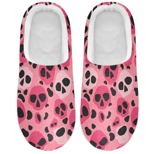 JUNZAN Halloween Skull Leopard Camouflage Pink Women Cotton Slippers Non Slip Memory Foam Mens Slippers for Hospital Birthday Presents 6-7
