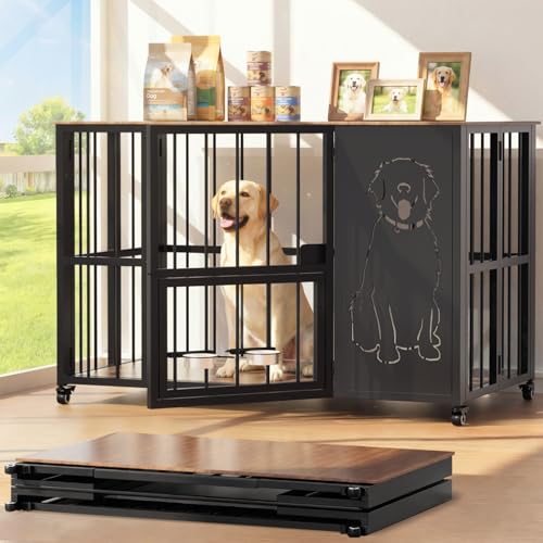 JUNEU 42'' Dog Crate Furniture, No Assembly Dog Kennel Indoor, Collapsible Heavy Duty Dog Crate for Medium/Large Dog(35-60 lb), Wooden Corner Dog Crate with Wheels & Adjustable Bowl Holders