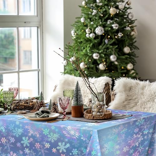 Image of Kochorie 100 Ft x 54 Inch Iridescent Winter Snowflake Tablecloth Roll with Cutter Box Holographic Blue and Purple Snowflake Wonderland Table Cover Backdrop for Frozen Birthday Party Supplies
