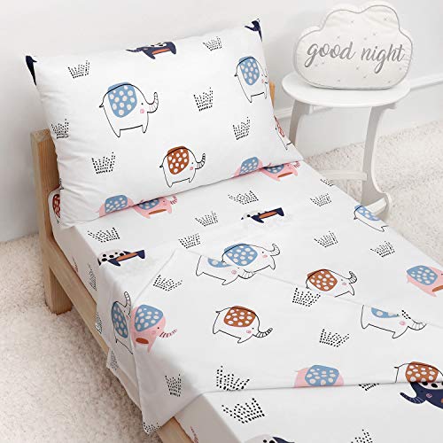 TILLYOU 3-Piece Microfiber Toddler Sheet Set for Girls (Elephant, Fitted Sheet, Top Flat Sheet and Envelope Pillowcase) - Silky Soft Crib Sheets Set Toddler Bed Set - Baby Bedding Sheet & Pillowcase