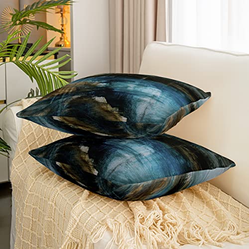Modern Abstract Throw Pillow Covers 20"x20" Set of 2 Soft Messy Teal Black and Blue Pillow Cases Cushion Covers For Living Room Bedroom Abstract Art Decorative Throw Pillowcases for Sofa Chair - Image 3