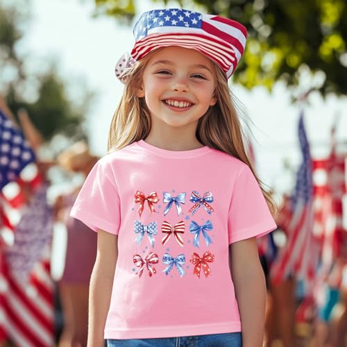Image of Girl American Flag Shirts Bow Tshirt 4th of July Shirt Cotton Short Sleeve Tees 2-12 Years