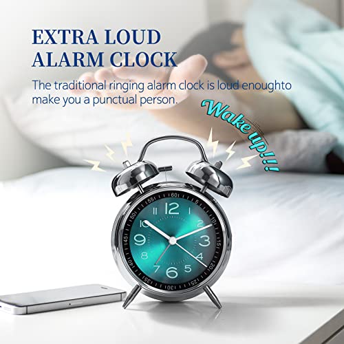 Analog Loud Alarm Clock With Backlight,Battery Operated,Silent Non Ticking,For Heavy Sleepers,Bedrooms,Bedside Table, 4Inches Twin Bell Extra Retro Decorative Desk Clocks. (Green) #TOP1