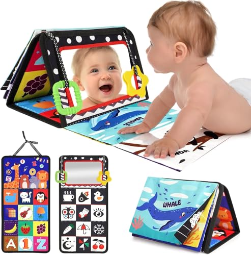 URMYWO Jouet Bebe 0-3-6-9-12 Mois - Miroir d'Éveil Pliable avec Jouet de Dentition et Livre Papier froissé Sensoriel - Montessori Noir et Blanc à Motifs...