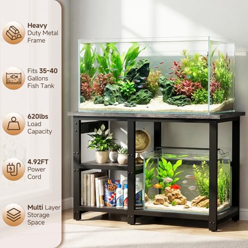Image of AQQA 35-40 Gallon Fish Tank Stand with 5 in 1 Power Outlets, 31x18 Inch Heavy Duty Metal Frame Aquarium Stand, Adjustable Storage Shelves, 620LBS Capacity Terrarium Stand, 3 Tiers Reptile Tank Stand