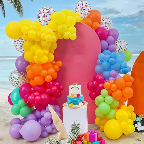 Image of Rainbow Balloons, 50 Pcs Colorful for Summer Birthday Baby Shower Party | 12 Inch Hot Pink Blue Yellow Green Multicolor Confetti Latex Balloons for Rainbow Neon Back to School Pool Party Decorations