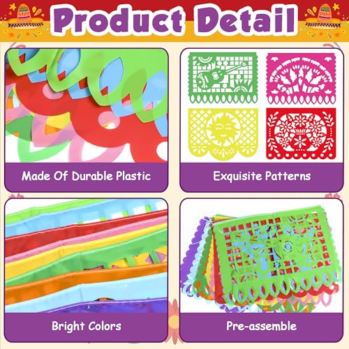 Image of OHOME Cinco De Mayo Decorations - Papel Picado Banner Streams | Mexican Theme Birthday Backdrop Flag Para Fiesta Party Decorations for Taco Accessories Decor Party Favors Supplies