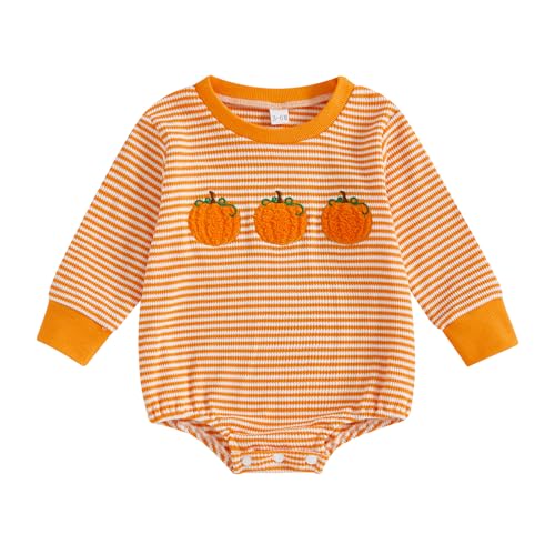 MERSARIPHY Newborn Baby Girl Boy Halloween Outfits Long Sleeve Stripe Waffle Knit Pumpkin Bubble Romper Fall Winter Clothes