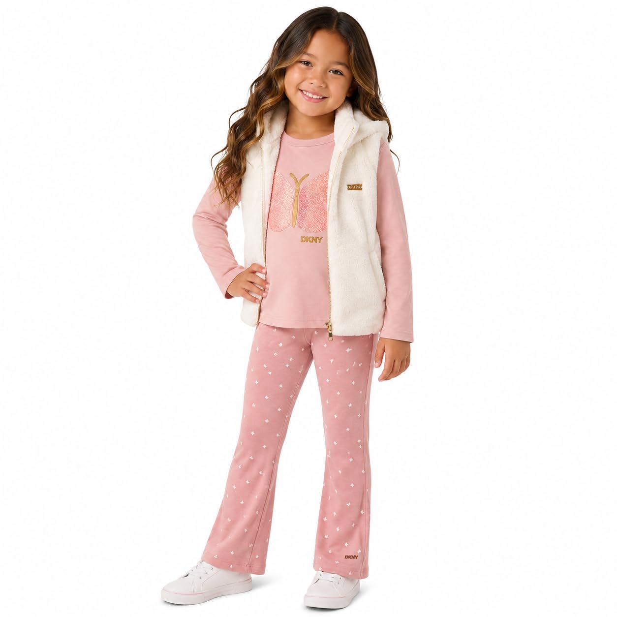 DKNY Girls 3 Piece Puffer Vest Shirt and Flare Leggings Set