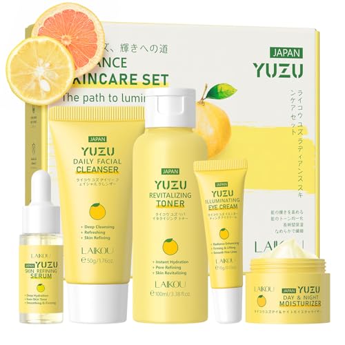 LAIKOU Grapefruit Ensemble Soin Visage, 5 Pièces Coffret Cadeau Femme Soins pour le Visage, Pamplemousse Nettoyant Visage Sérum Tonique Yeux Sérum Crème, pour Adolescent Femmes Mâle