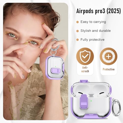 Image of Compatible Airpods Pro 3 Case (2025) with Phone Stand & Cleaner Kit,Print Soft Silicone Lock Clip Apple AirPods Pro 3rd Generation Case, Airpod Pro 3 Cover with Keychain for Women /Girls,Purple