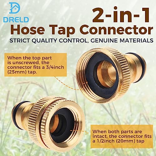 DRELD 2Pcs Hose Tap Connector, Brass Garden Hose Tap 1/2 and 3/4-inch BSP Fitting - Image 2