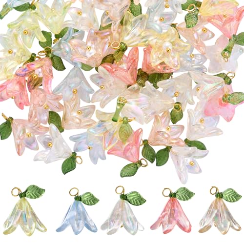 COGCHARGER 60 Pcs Flower Beads Charms for Jewellery Making Bulk Cute Tulip Lily Plant Charm Mix Color Acrylic Pearl Flower Pendants for Bracelet Necklace Keychain Earrings DIY Supplies Findings