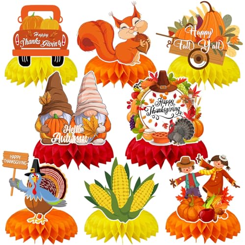 JULMELON 8 Pcs Thanksgiving Table Decor, 3D Fall Honeycomb Centerpieces