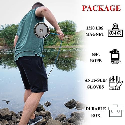 MUTUACTOR Fishing Magnet Double Sides Combined 1320lb Magnetic Pull Force, Heavy Duty Neodymium Magnet N52 with 66Feet(20m) Durability Rope, Powerful Strong Magnetic of Retrieving Treasure in Rivers