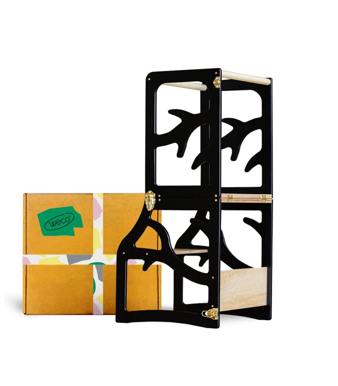 Weco Montessori Leertoren voor kinderen, 3-in-1 strepen design met glijbaan en opstapkruk, FSC-certificaat, bureau, Montessori-meubels, keukenhulp, inklapbaar, stijlvolle leertoren (wit