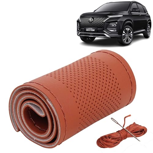 Image of KINGSWAY PU Leatherite Car Steering Cover Sewable Compatible with Morris Garages (MG) Gloster (Year 2020 Onwards), Tan Color with Tan Thread, Pack of 1 with Sewing Needle and Thread