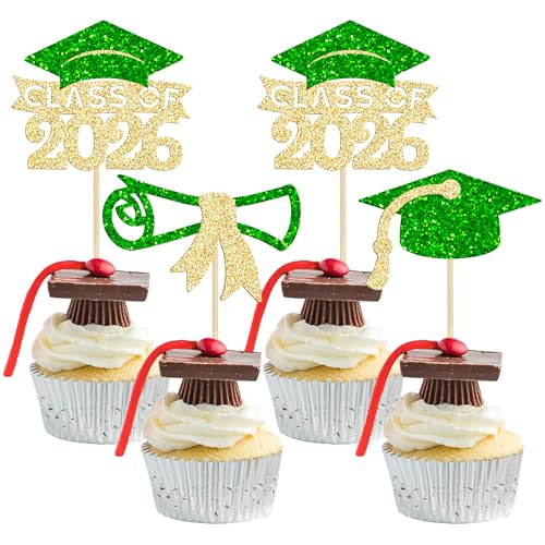 Gyufise 24Pcs 2026 Graduation Theme Cupcake Toppers Glitter Diploma Graduation Cap Class of 2026 Cupcake Picks for 2026 Graduation Theme Party Cake Decorations Supplies Gold Green