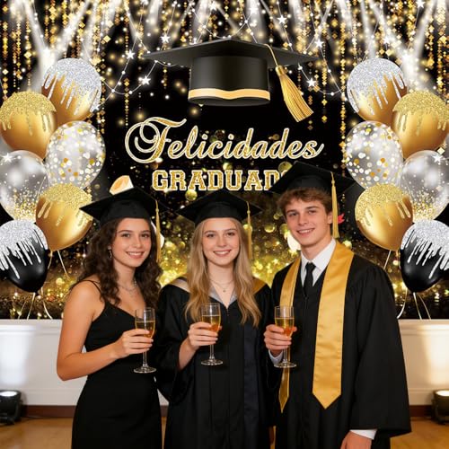 AIBIIN fondo graduación 7x5ft negro y dorado miniatura 5