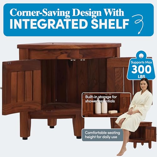 Image of AquaTeak Kai Corner 15.5 inch Teak Shower Bench with Cabinet