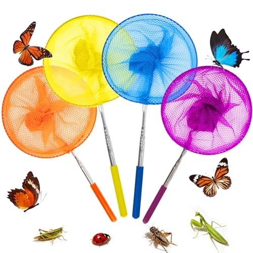 4 Pack Telescopic Butterfly Fishing Nets - RAINFLOW Anti Slip Grip Butterfly Catcher Catching Insect Net Colorful Outdoor Tools Catching Bugs Fish Insect Ladybird Extendable 34 Inches