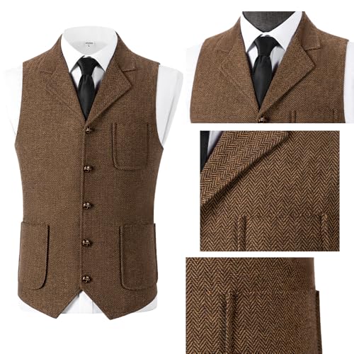 Mens Retro Suit Vest Tweed Wool Regular Fit Dress Waistcoat Herringbone for Jacket3