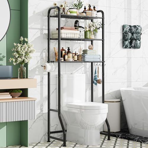 Image of Simple Trending Over The Toilet Storage Rack, Metal 3 Tier Bathroom Organizer Shelf with Paper Holder and 3 Hooks, Freestanding Shelf Space Saver Above Toilet,Black