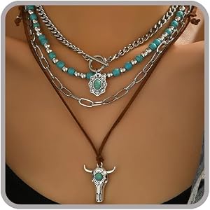 Layered Western Necklaces for Women Boho Turquoise Beaded Necklaces Stacked Cowgirl Pendant Necklace Western Jewelry for Women