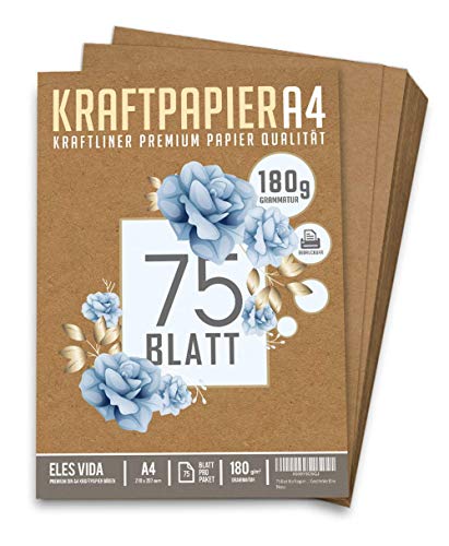 75 Blatt Kraftpapier A4 Set - 180 g - 21 x 29,7 cm - DIN Format - Bastelpapier & Naturkarton Pappe Blätter aus Kraftkarton zum Drucken, Kartonpapier