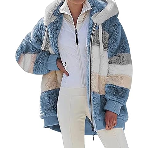 ASKSA Womens Fuzzy Fleece Jacket Open Front Hooded Color Block Plush Hoodie Zip Up Cardigan Coats Outwear with Pockets(Blue,XL) Cover
