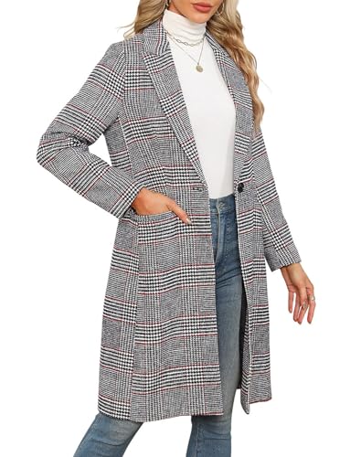 CHICZONE Womens Notch Lapel Wool Blend Pea Coat Single Breasted Long Plaid Jacket Winter Houndstooth Coat 3XL3