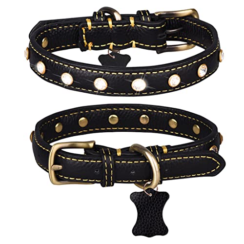 Yiwong Collar de Perro de Cuero, Collar para Perro de Cuero Bronce Cepillado, Collar de Cuero para Mascotas con Diamantes de Imitación Cover
