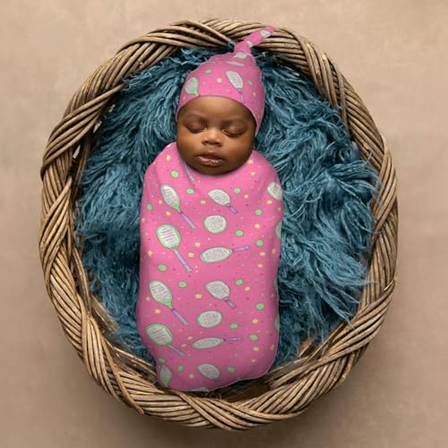 Image of Pickleball and Stars Newborn Swaddle Blankets Hat Sets Soft Baby Receiving Blanket Swaddle Sack for Baby Shower Infant Boy Girl Gift