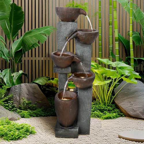 Image of Naturefalls 39 inch H Modern Outdoor Fountain - 5 Crocks Outdoor Garden Fountains with Contemporary Design&LED Light for Garden, Patio, Deck, Porch, Backyard and Home Art Decor