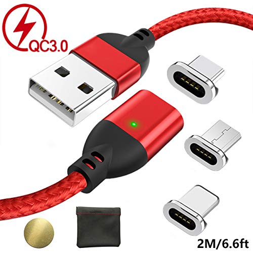 QC 3.0 Fast USB Magnetic Charging Cable USB Charger Cord with LED Lighting/Micro USB Type C for Android Phone, 3 in 1 Adapters Quick Charge Nylon