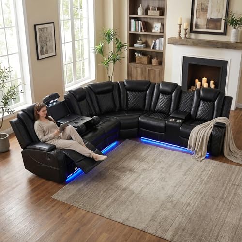 Image of Power Recliner Sectional Sofa, L-Shaped Living Room Furniture Set, Reclining Sectional Couch with Storage Console /Cup Holder for Living Room /House /Apt (Black-1, 5 Seater)