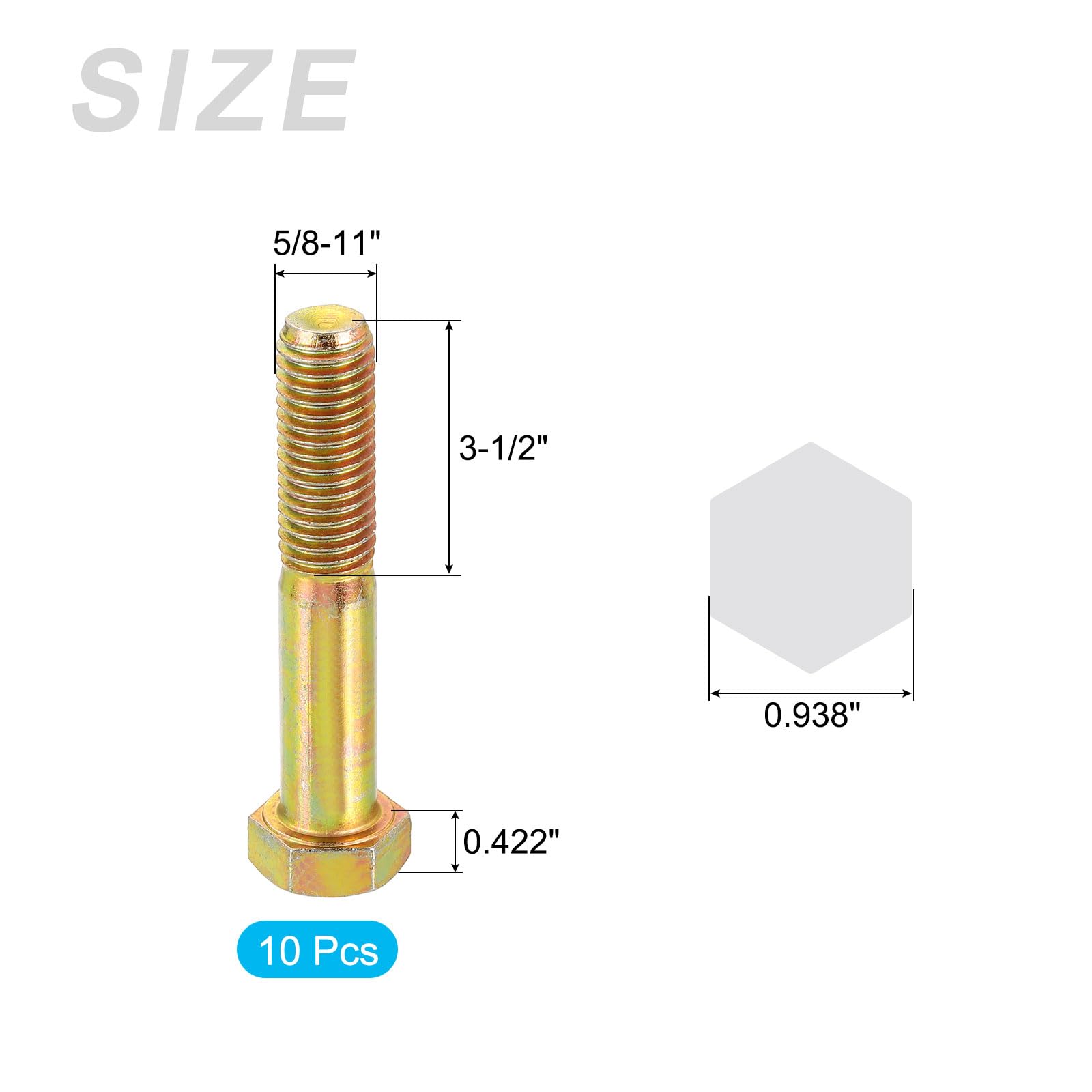 METALLIXITY Hex Bolts (5/8-11 x 3-1/2") 10Pcs, 8 Grade Carbon Steel Zinc Plated, UNC Coarse Thread, External Hex Drive - Image 2