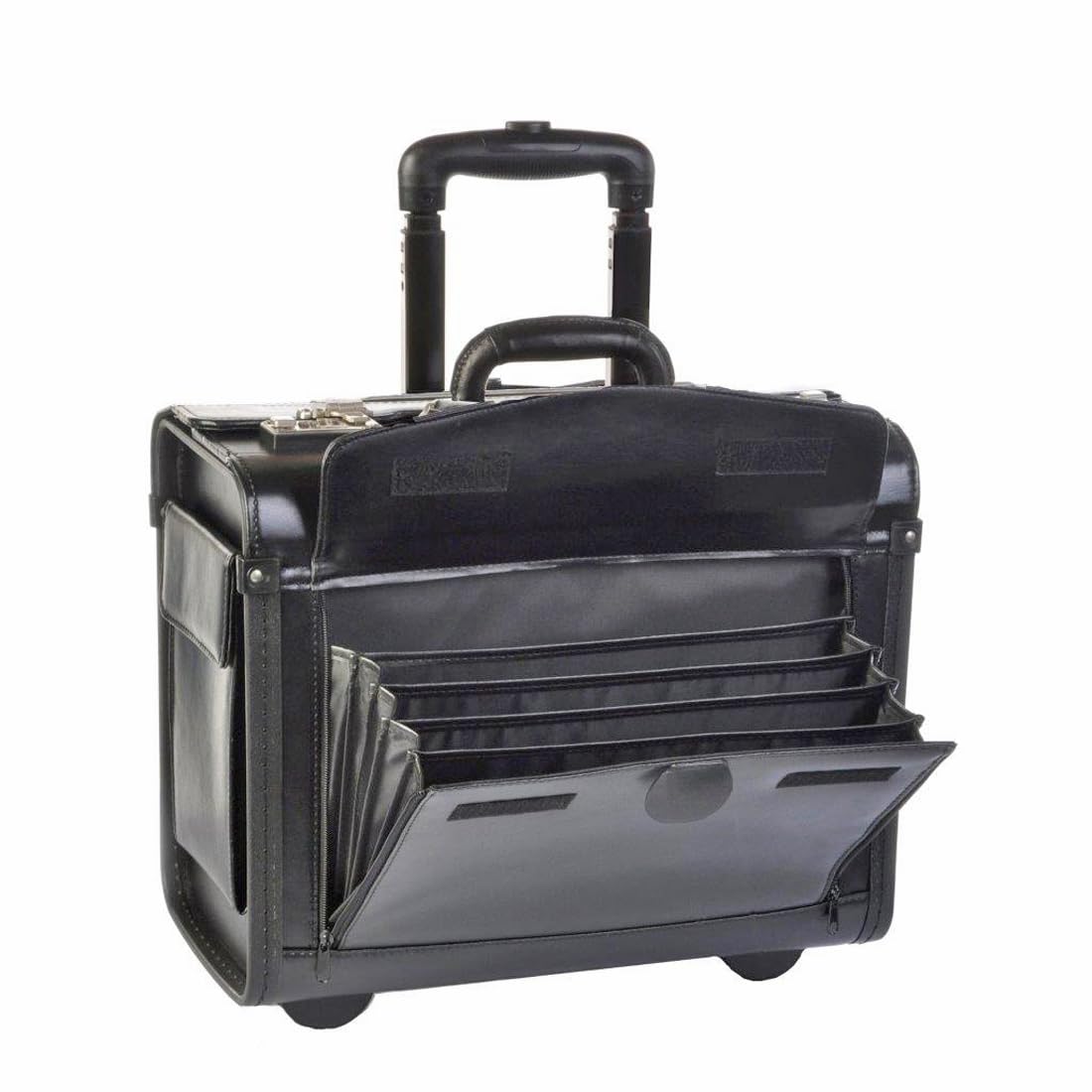 Pilotenkoffer Trolley Aktenkoffer Rindspalt-Leder Schwarz 46 cm