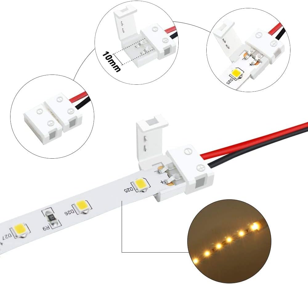 LightingWill 2 Pin LED Strip Light Connector Kit, 10mm Solderless Adapter Connectors, Accessories Set for 10mm Wide 5050 5630 Single Color Flex LED Strips, 24 Pack - Image 3