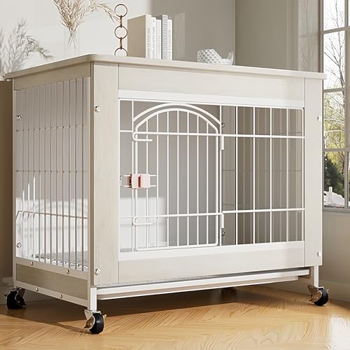 ケージ 犬,木製インテリアドッグクレート、小型・中型犬用デコラティブサイドテーブル兼用犬ケージ、多目的取り外し可能トレイ付きモダンドッグクレート(最大約31kg対応) ホワイト 78cm×55cm×72cm