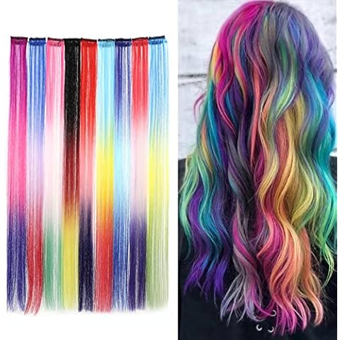 9 Pcs Colored Clip in Hair Extensions, 50cm 9 colors, Halloween Cosplay Dress Up Rainbow Hair Accessories for Women Girls Kid, Heat-Resistant Highlight Hairpieces Cover