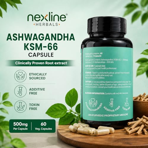 Image of Ashwagandha KSM-66 | Clinically Proven 500mg Dosage | 5% Withanolides for Max Results | 100% Pure Root Extract | Stress Relief, Energy & Recovery Support | World's Strongest Ashwagandha | 60 Capsules