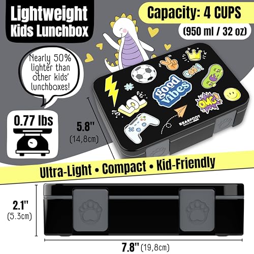 Image of BEARFOOT Kids Lunch Box with Compartments - Compact & Lightweight | Leak-Proof, BPA-Free, Dishwasher Safe | Hand-Drawn Design for Preschool, School, Travel (Sticker Black, 4 Cups) | BPA Free Leakproof Lunch Box with Compartments School & Nursery for Girls & Boys Lightweight & Compact