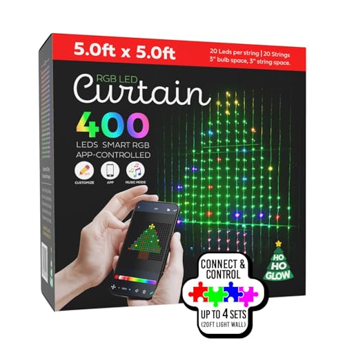 Ho-Ho-Glow 400 LED Curtain String Lights with App Control RGB Color Displays, Halloween Window Lights,Limitless Color Combinations and Pure Warm White Lighting,Christmas Indoor and Outdoor Decorations