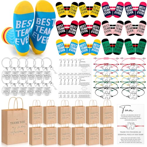 Glitopper 60 Pcs Best Team Ever Gift Employee Socks Puzzle Piece Bracelet Keychain with Thank You Card Staff Appreciation Gifts Bulk (Multicolor)