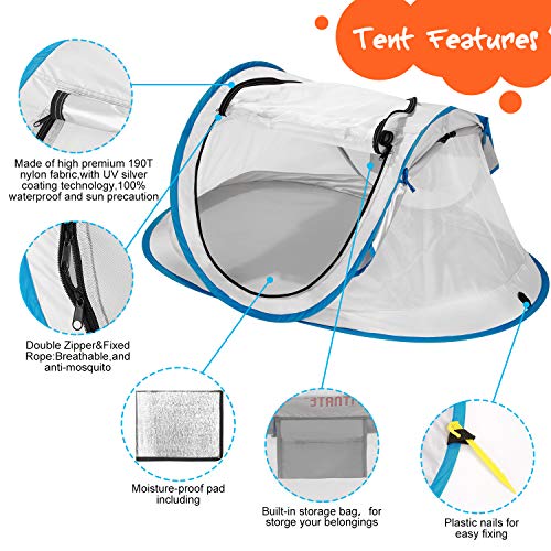 FITNATE Baby Beach Tent, Portable Baby Travel Tent UPF 50+ with Moisture-Proof Pad Infant Sun Shelters Pop Up with Storage Bag,2 Pegs for Outdoor and Indoor Use