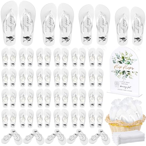 Image of 24 Pairs Bulk Flip Flops for Wedding Guests | Reception Sandals, Wedding Party Favors with Sign, Size Cards, Bagged, Dance Floor Slippers